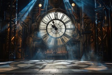 An empty stage set inside a giant clock tower, with enormous clock gears, a metal-grate floor, and shafts of light streaming through the clock face. 
