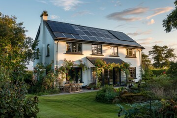 Naklejka premium house with solar panels on the roof, white walls and black windows, green garden in front of it