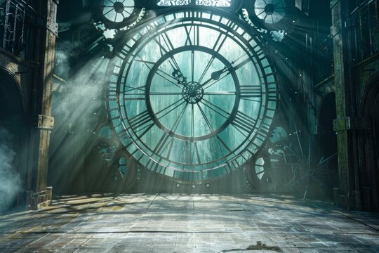 An empty stage set inside a giant clock tower, with enormous clock gears, a metal-grate floor, and shafts of light streaming through the clock face. 