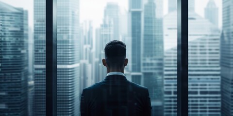 Fototapeta premium A confident man in a suit looks out of his office window into a sea of skyscrapers, thinking about business decisions or future goals.
