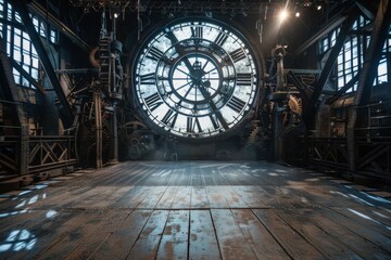Obraz premium An empty stage set inside a giant clock tower, with enormous clock gears, a metal-grate floor, and shafts of light streaming through the clock face. 