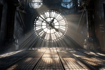 An empty stage set inside a giant clock tower, with enormous clock gears, a metal-grate floor, and shafts of light streaming through the clock face. 