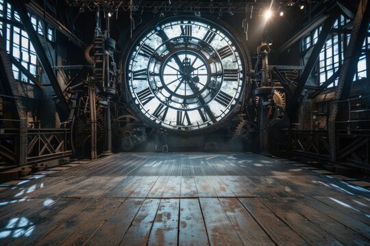 An empty stage set inside a giant clock tower, with enormous clock gears, a metal-grate floor, and shafts of light streaming through the clock face. 