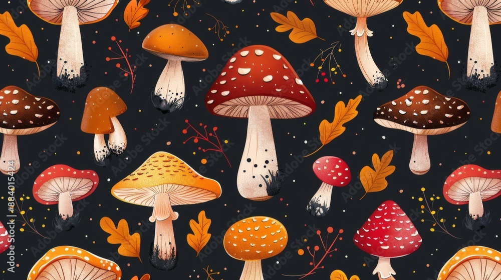 Poster seamless pattern with various types of mushrooms and autumn leaves on dark background