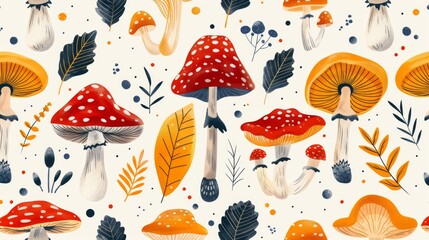 Whimsical seamless pattern of various mushrooms and autumn leaves