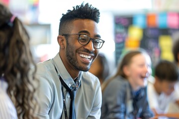 Teacher smiling and giving feedback on student presentations