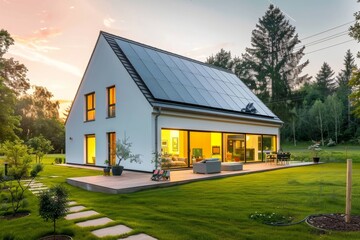 house with solar panels on the roof, white walls and black windows, green garden in front of it