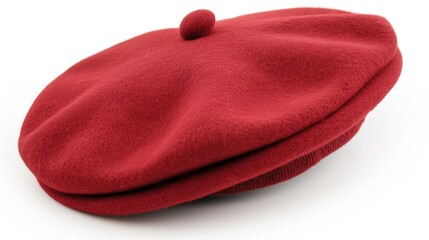 close up on red french beret prop accessory on white background