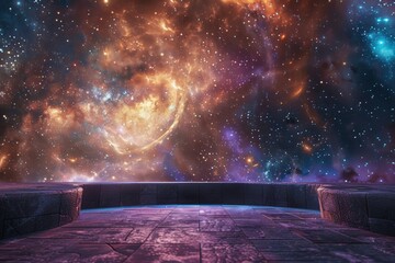 Obraz premium An empty stage suspended in a cosmic space scene, with swirling galaxies and distant stars forming a breathtaking backdrop 
