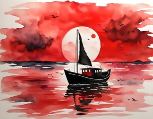 a sailboat sailing under the red sky