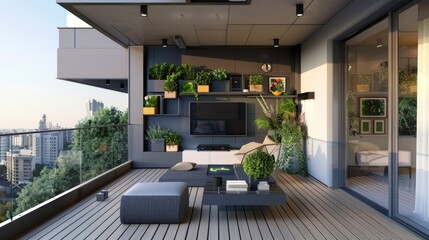 A sleek balcony with automated planters and a weather-resistant entertainment setup