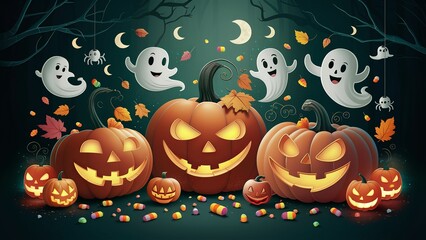 A fun Halloween scene with jack-o'-lanterns, ghosts, candy corn, and spooky elements against a dark background.