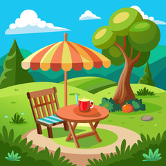 Nature Park Cartoon Relaxing Scene with Chair, Coffee Table, and Umbrella