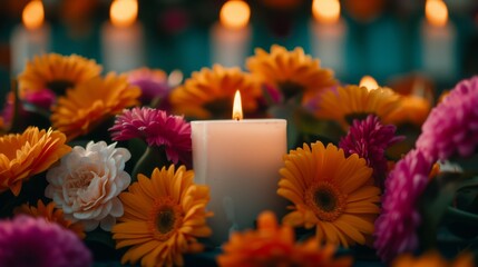 A single candle burns brightly surrounded by vibrant flowers on a traditional Mexican altar