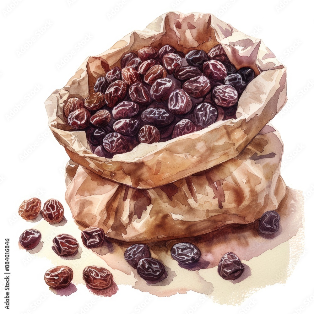 Sticker Hand-drawn Watercolor Illustration of a Heap of Dark Raisins in a Paper Sack