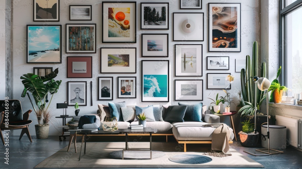 Wall mural home decor concept with a gallery wall of framed artwork and photographs.