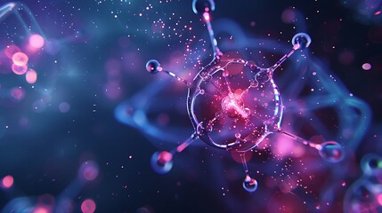 Glowing abstract molecule with surrounding sparkling dust for scientific visualization futuristic chemistry energy particle interaction and molecular structure concept.