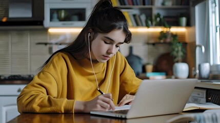 A teenage girl with headphones studying in the kitchen using a laptop, focused and diligent in a home setting.
