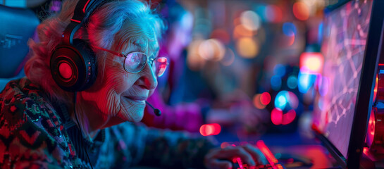 Senior woman enthusiastically gaming with a headset in a colorful, neon-lit room.