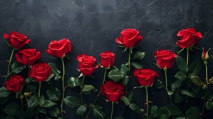 Flowers composition. Red roses on black background. Flat lay, top view, copy space