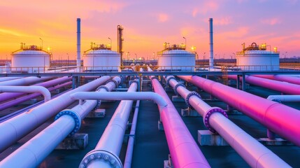 A detailed view of a natural gas processing facility at dawn, with a network of pipelines and storage tanks, highlighting the scale and complexity of industrial infrastructure