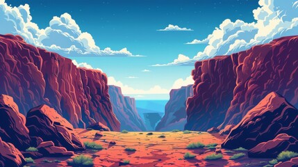 A vast canyon landscape with vibrant red rocks, a clear blue sky, and fluffy white clouds