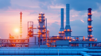 Obraz premium A high-tech manufacturing hub, illuminated by the glow of a power plant, with a maze of crude oil pipelines, depicting industrial innovation and power