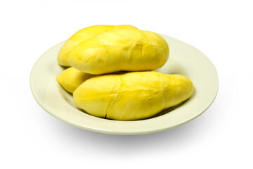Ripe Thai durian fruit (Monthong) or Durio zibethinus L. , on a white plate isolated on white background with clipping path closed up.
