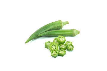 Fresh fruits of okra or Abelmoschus esculentus whole and sliced cross section isolated on  white background with clipping path closed up. Raw okra is rich source of dietary fiber and vitamin C and K.