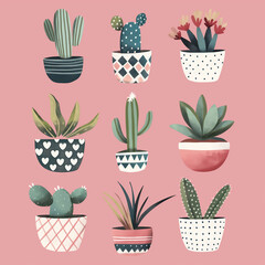 Minimalistic pale pastel illustration of various potted cacti and succulents