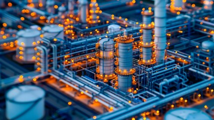 An aerial view of a sprawling petrochemical complex at night