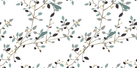 abstract vintage tree spring branch floral decorative element background allover seamless pattern design illustration in grey natural brown green color combination digital home textile and apparels