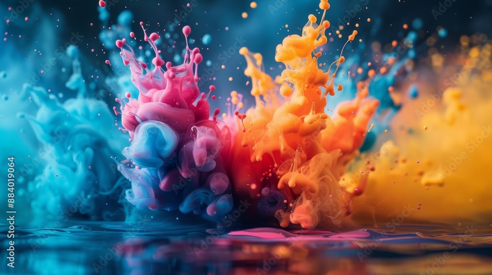 Poster abstract vibrant paint explosion in water creating colorful shapes and patterns