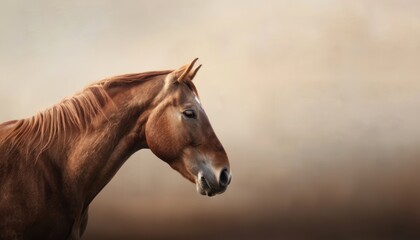 Fototapeta premium Elegant brown horse facing left against a soft beige background, showcasing its sleek mane and profile.