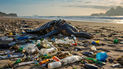 Polluted Beach with Dead Sea Turtle and Plastic Waste