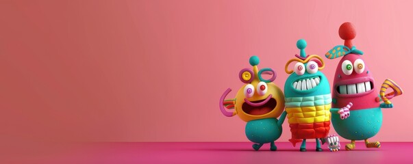 Fototapeta premium A cartoonish scene with a group of characters and a bunch of colorful balloons. Free copy space for banner.