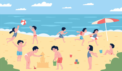 Children play on beach. Kids building sandcastle, running and play together on seaside. Ocean vacations, seasonal sea holidays recent vector scene