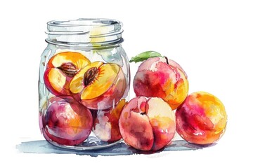 Hand-drawn Watercolor Illustration of Ripe Nectarines and Peaches in Glass Jar on White Background