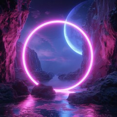 A mesmerizing 3D render of an abstract cosmic landscape featuring a round portal illuminated with pink and blue neon lights, surrounded by a glowing round frame in dark space