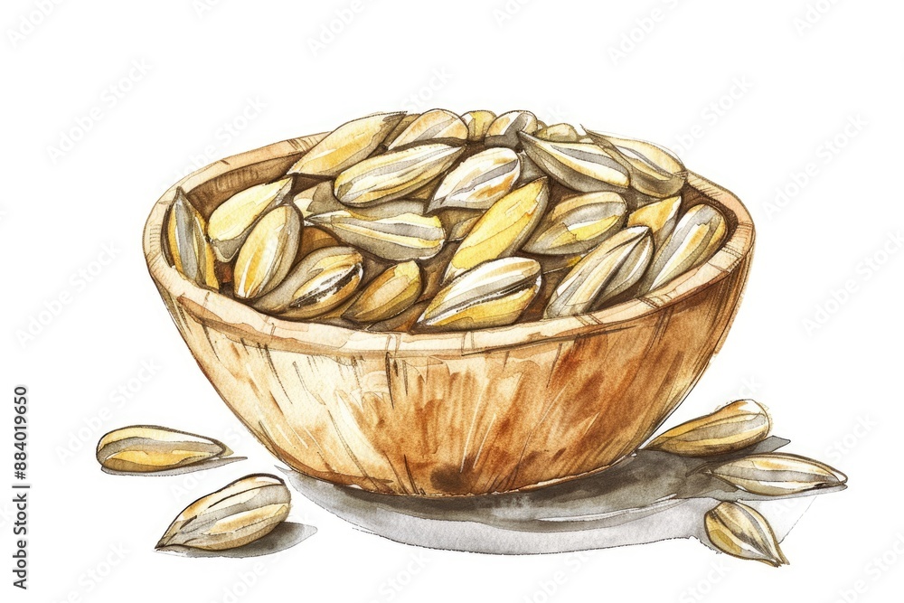 Canvas Prints Hand-drawn Watercolor Illustration of Sunflower Seeds in a Bowl. Organic and Healthy Food Concept