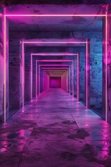 Obraz premium A 3D rendering depicting a neon-lit, laser purple and blue parking sci-fi futuristic alien spaceship corridor tunnel showroom hangar underground hallway basement