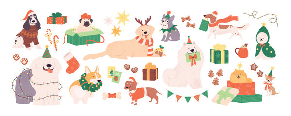 Christmas dogs. Funny party puppies in new year costumes and accessories. Winter holiday characters, cute dogs stickers racy vector clipart