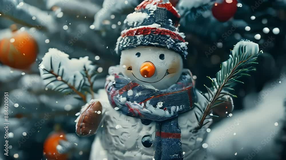 Poster video of snowman with a scarf and hat is standing in front of a tree with snow on it. christmas back