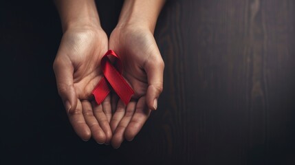 Hands holding a red ribbon on a dark background, symbolizing awareness and support for causes like HIV/AIDS, heart disease or substance abuse.