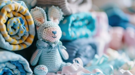 Close-up of baby clothing and accessories as baby shower gifts.