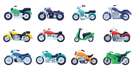 Cartoon motorbike set. Motorcycle colorful icons. Bikes motorcycle for sport and transportation. Urban vehicle, delivery transport nowaday vector clipart