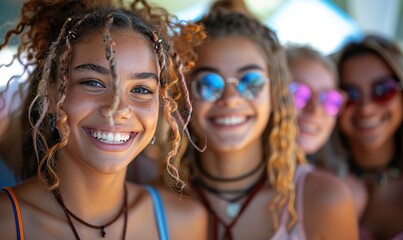 Fototapeta premium A group of young, multiracial best friends enjoy a summertime day out on a college campus, laughing out loud and joking together, embodying the true spirit of friendship.