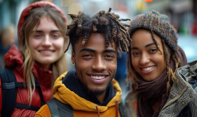 Fototapeta premium A group of young friends, including multiracial besties, hang out on a city street, smiling at the camera and embodying the concept of friendship.