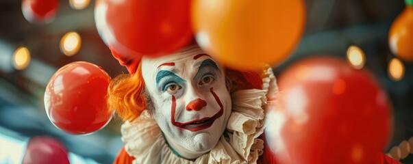 Fototapeta premium Cheerful circus clown juggling oversized props with bright balloons around.