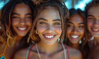 Fototapeta premium A group of multiracial teenagers are having fun and enjoying a summertime day out together, taking a selfie and laughing at the camera, demonstrating the concept of friendship.